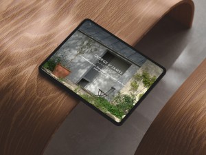 mockuuups ipad pro landscape mockup on curved wooden surface